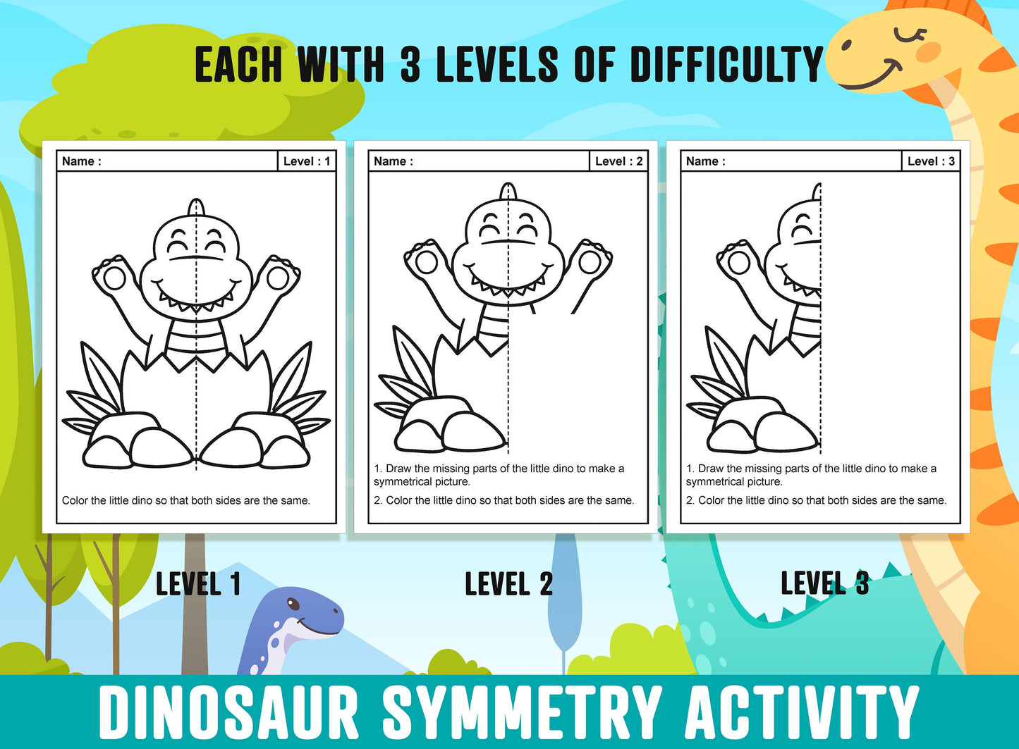 Dinosaur Symmetry Worksheet, Dinosaur Theme Lines of Symmetry Activity, 24 Pages, Includes 8 Designs, Each With 3 Levels of Difficulty