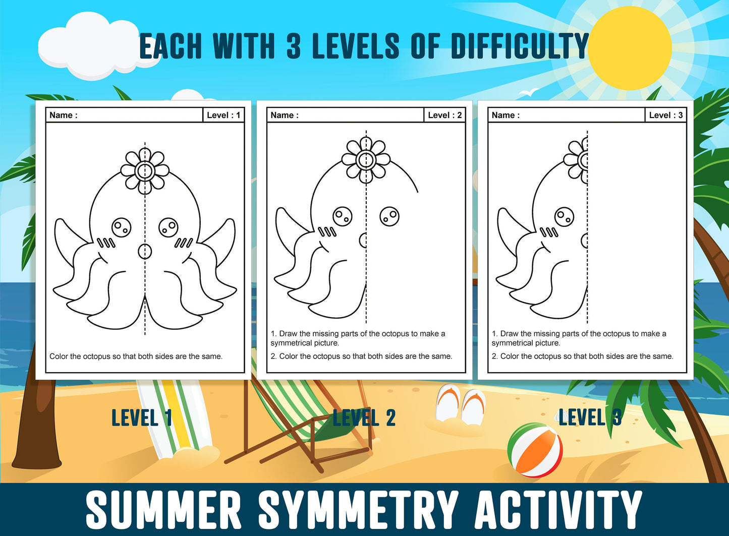 Summer Symmetry Worksheet, Summer Theme Lines of Symmetry Activity, 24 Pages, Includes 8 Designs, Each With 3 Levels of Difficulty