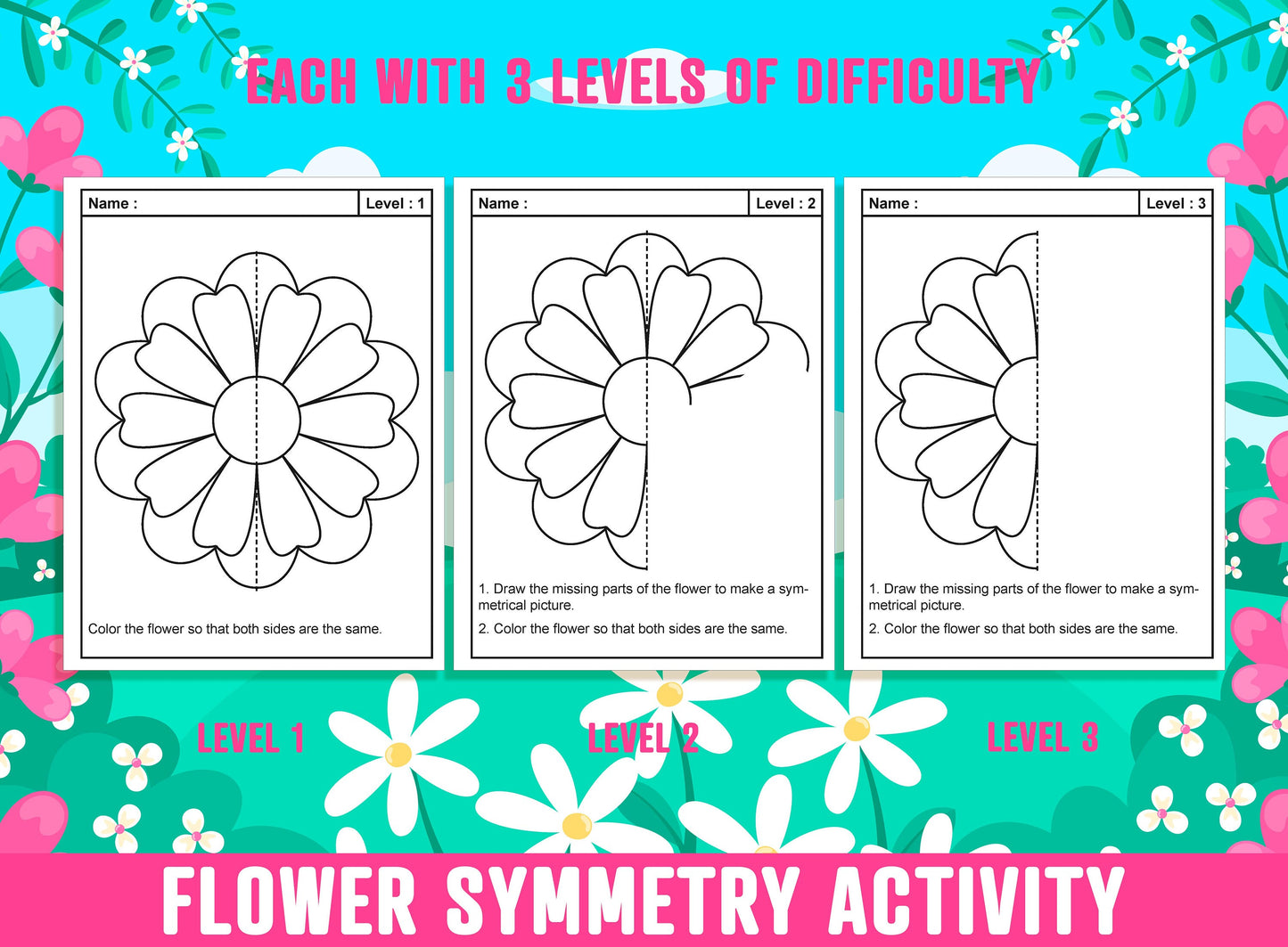 Flower Symmetry Worksheet, Flower Theme Lines of Symmetry Activity, 24 Pages, Includes 8 Designs, Each With 3 Levels of Difficulty