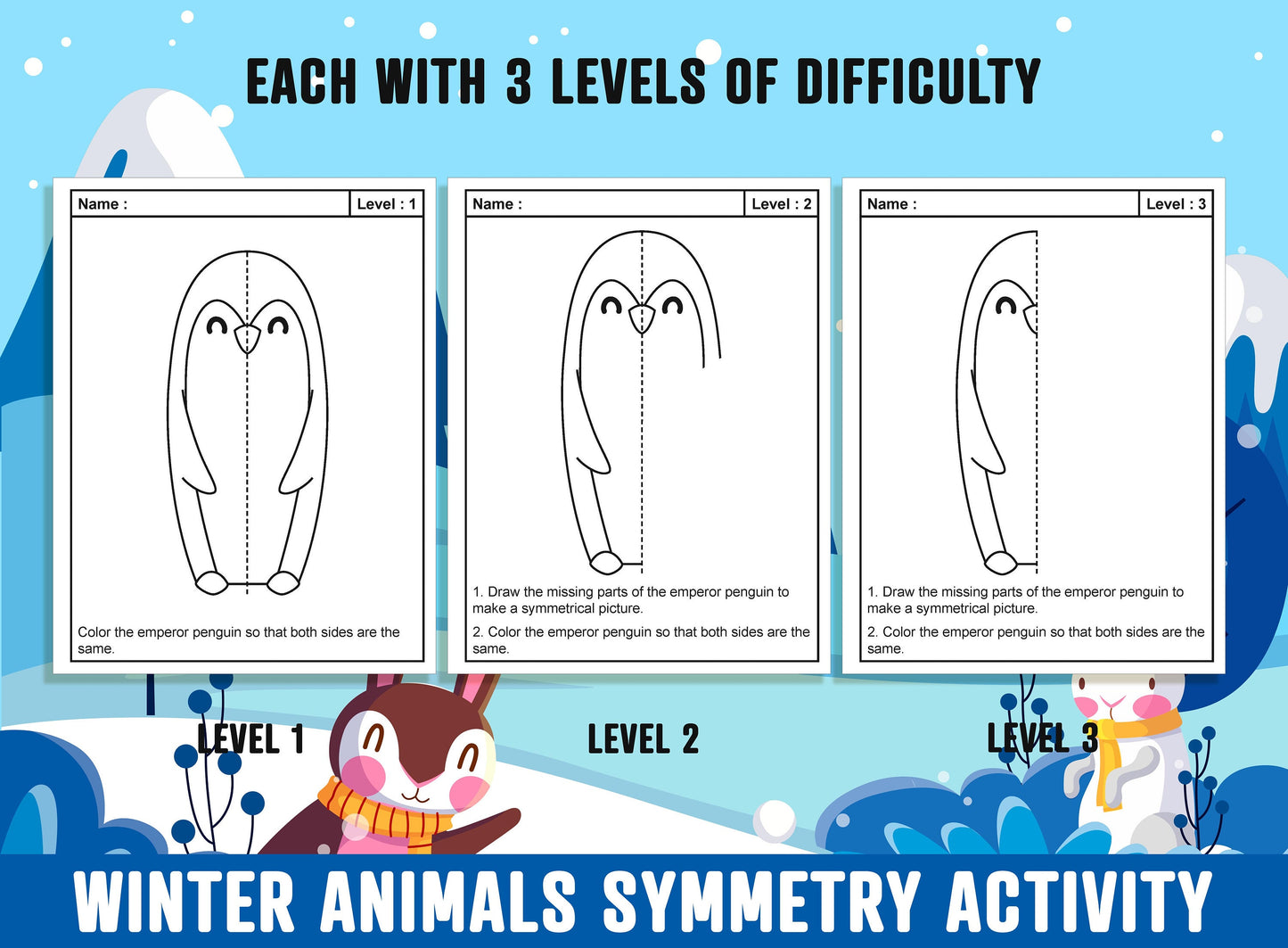 Winter Animals Symmetry Worksheet, Arctic Animals Theme Lines of Symmetry Activity, 24 Pages, 8 Designs, Each With 3 Levels of Difficulty