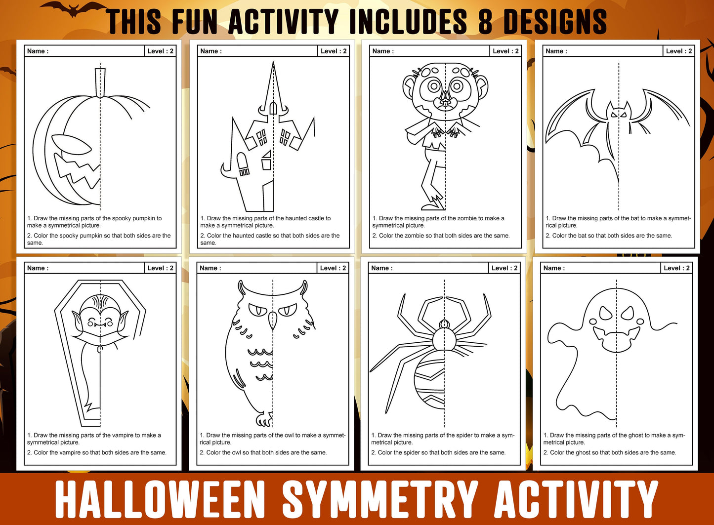 Halloween Symmetry Worksheet, Halloween Theme Lines of Symmetry Activity, 24 Pages, Includes 8 Designs, Each With 3 Levels of Difficulty