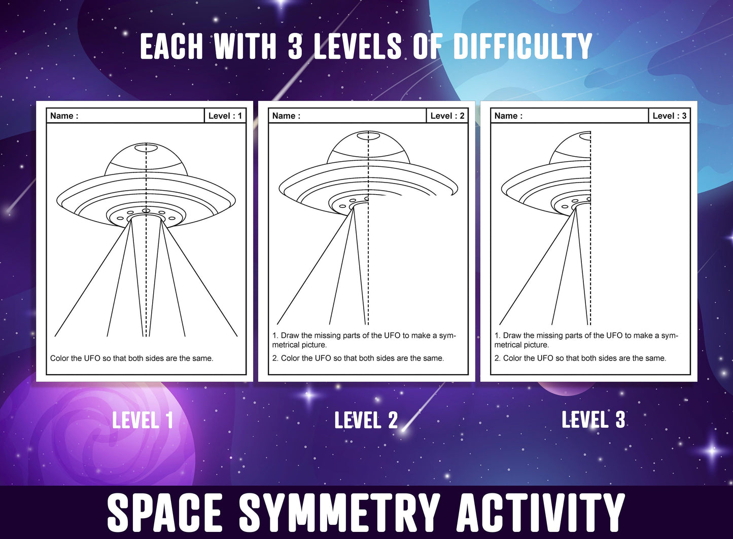 Space Symmetry Worksheet, Space Theme Lines of Symmetry Activity, 24 Pages, Includes 8 Designs, Each With 3 Levels of Difficulty