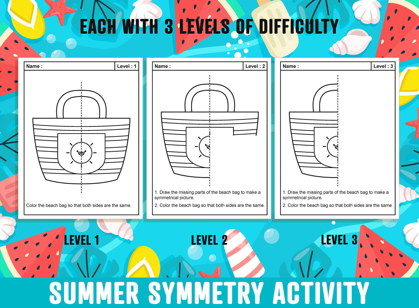Summer Symmetry Worksheet, Summer Math Lines of Symmetry Art Activity, 24 Pages, 8 Designs, Each With 3 Levels of Difficulty