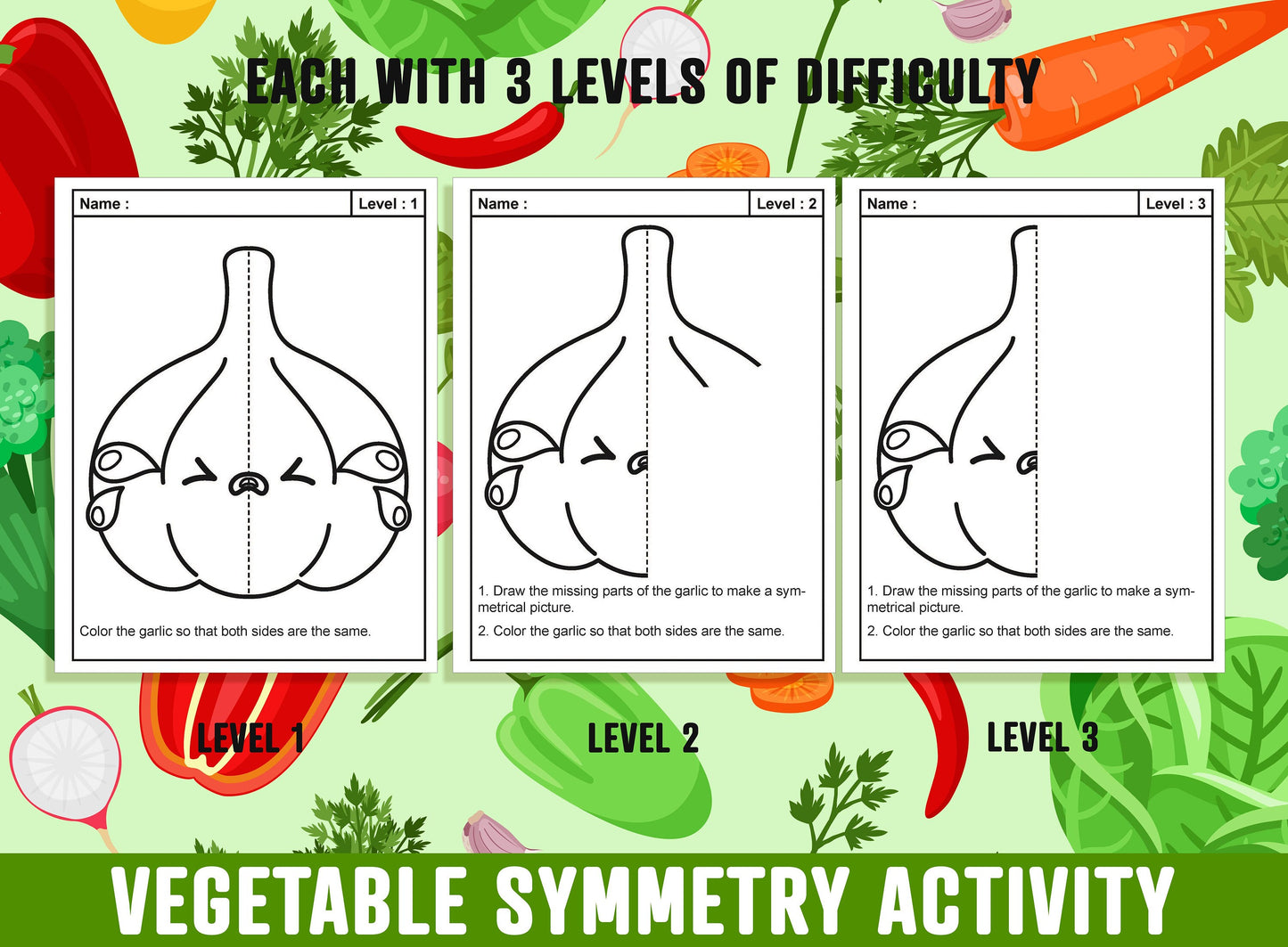 Vegetable Symmetry Worksheet, Vegetable Theme Lines of Symmetry Activity, 24 Pages, Includes 8 Designs, Each With 3 Levels of Difficulty