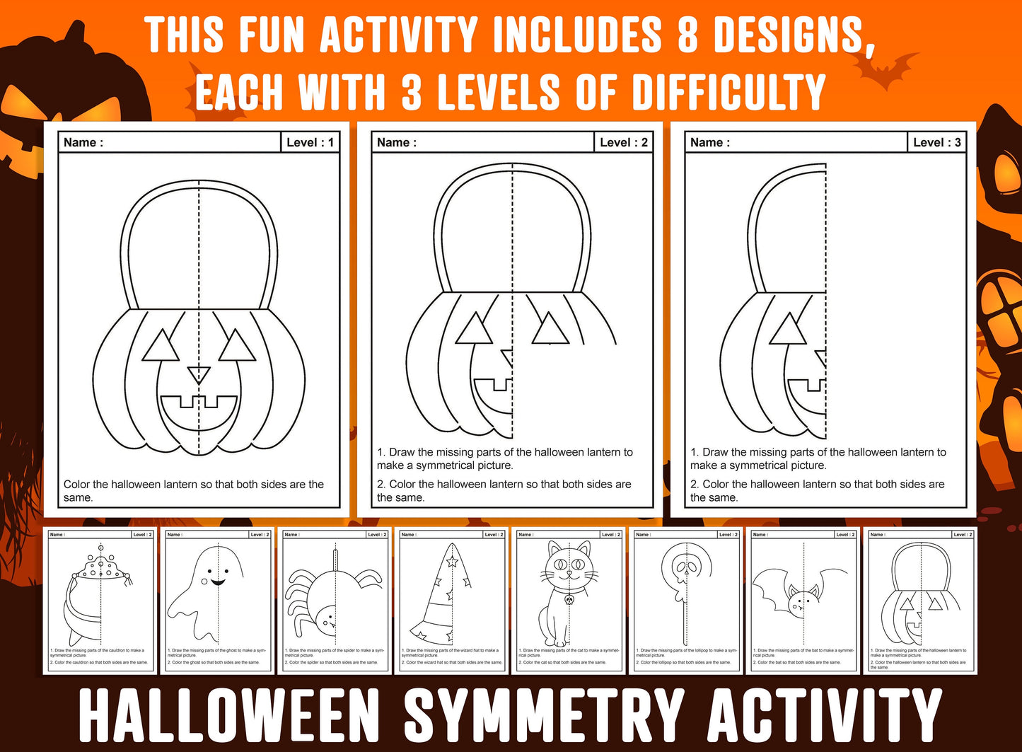 Halloween Symmetry Worksheet, Ghost, Halloween, Cauldron Lines of Symmetry Activity, 24 Pages, 8 Designs, Each With 3 Levels of Difficulty