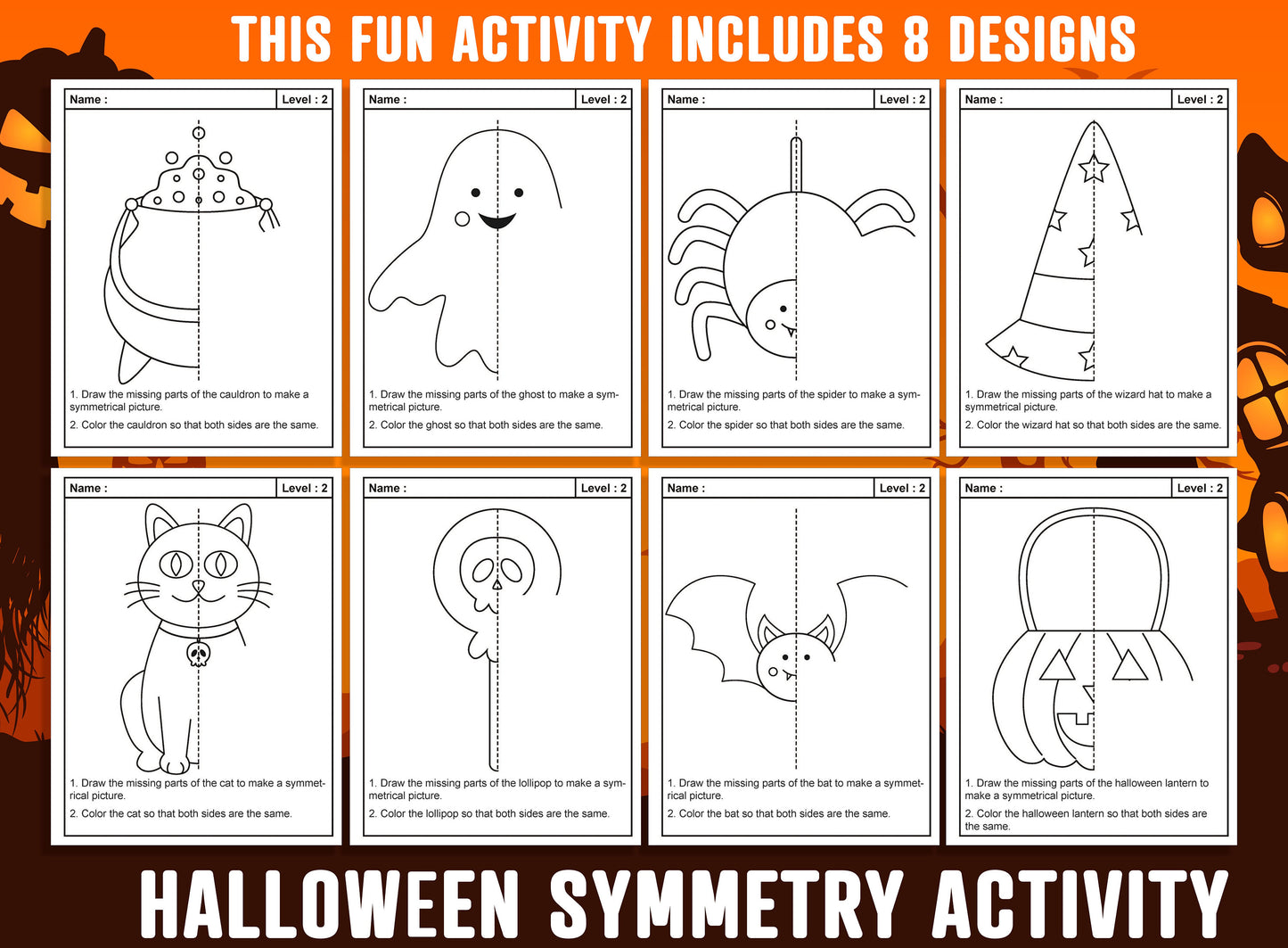 Halloween Symmetry Worksheet, Ghost, Halloween, Cauldron Lines of Symmetry Activity, 24 Pages, 8 Designs, Each With 3 Levels of Difficulty
