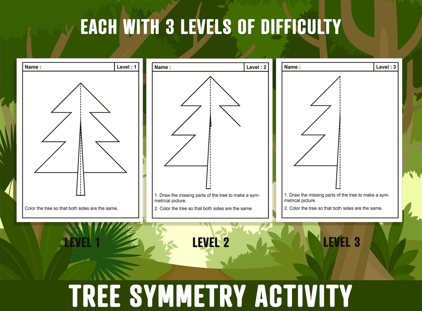 Tree Symmetry Worksheet, Tree Theme Lines of Symmetry Activity, 24 Pages, Includes 8 Designs, Each With 3 Levels of Difficulty, Art and Math