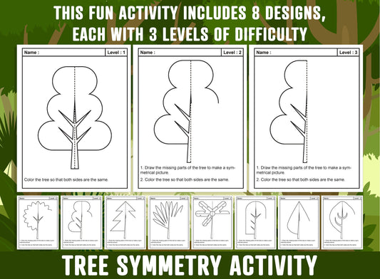 Tree Symmetry Worksheet, Tree Theme Lines of Symmetry Activity, 24 Pages, Includes 8 Designs, Each With 3 Levels of Difficulty, Art and Math