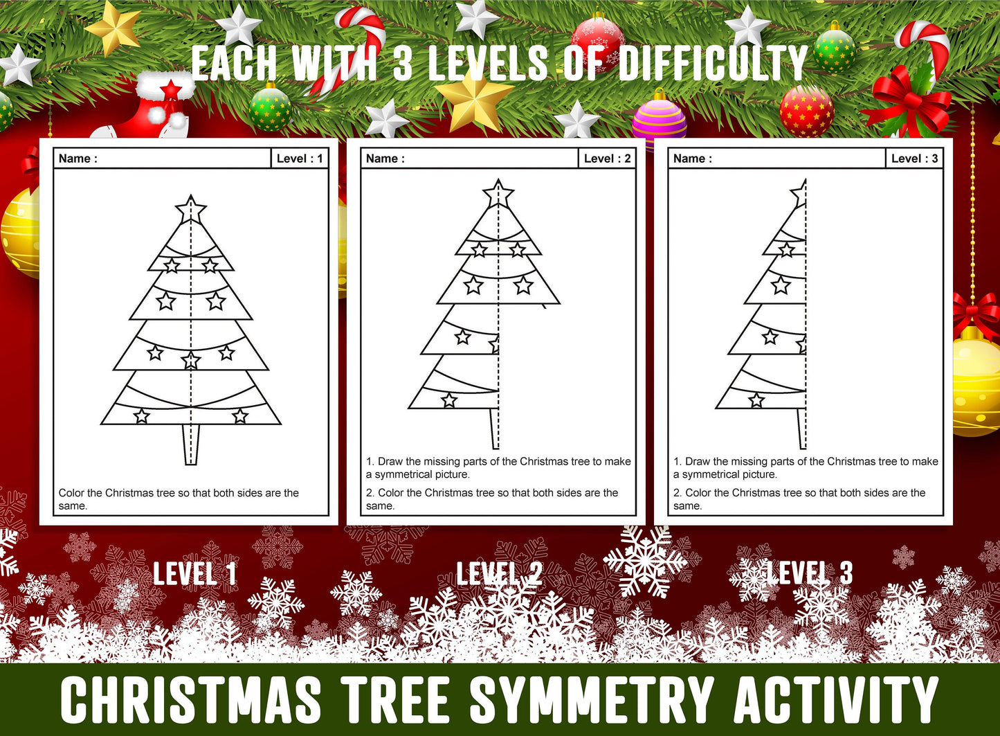 Christmas Tree Symmetry Worksheet, Christmas Trees Theme Lines of Symmetry Activity, 24 Pages, 8 Designs, Each With 3 Levels of Difficulty