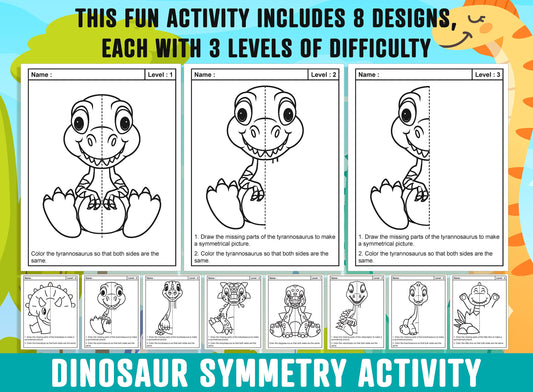 Dinosaur Symmetry Worksheet, Dinosaur Theme Lines of Symmetry Activity, 24 Pages, Includes 8 Designs, Each With 3 Levels of Difficulty