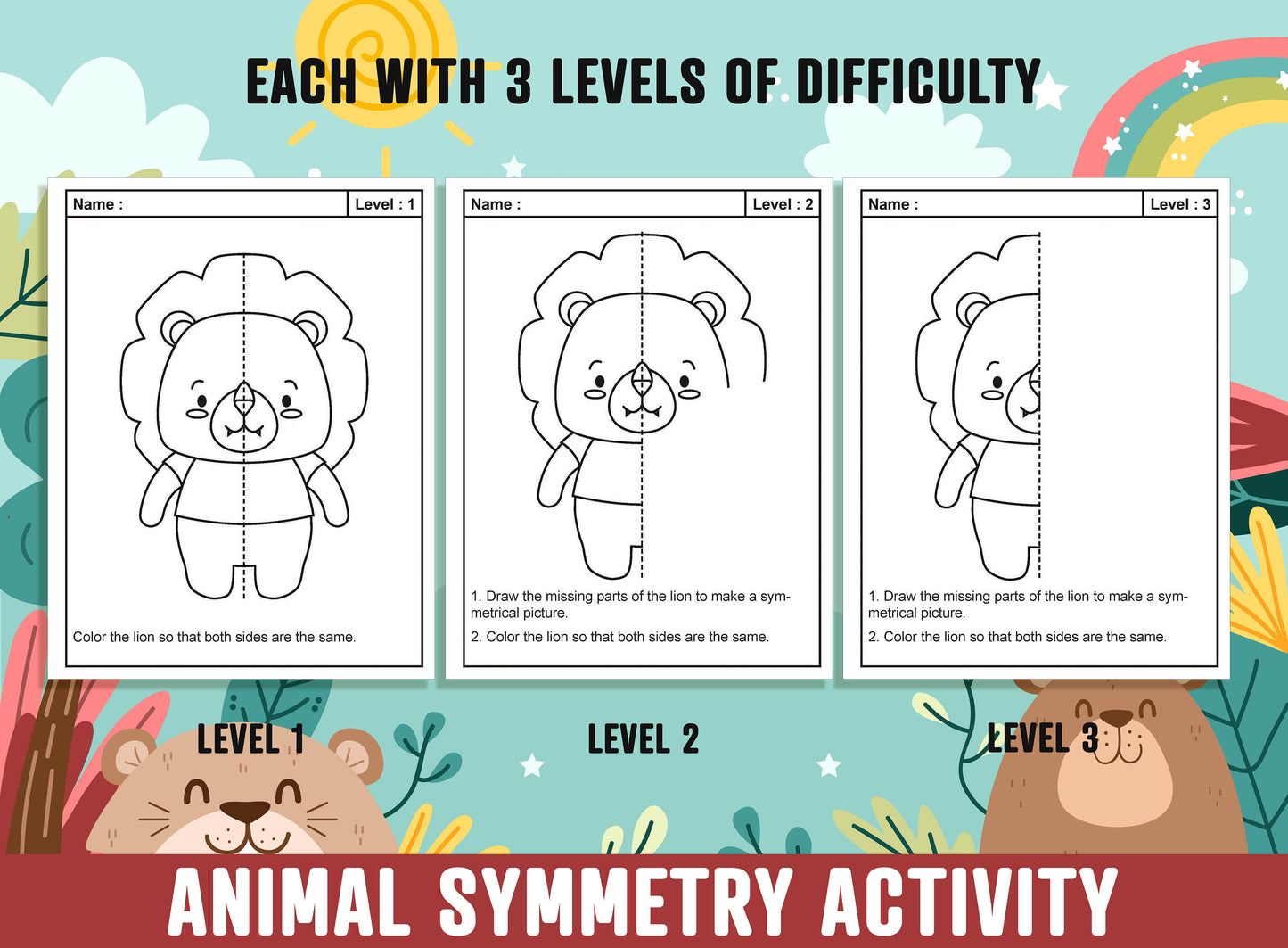 Animal Symmetry Worksheet, Animal Theme Lines of Symmetry Activity, 24 Pages, Includes 8 Designs, Each With 3 Levels of Difficulty, Art/Math