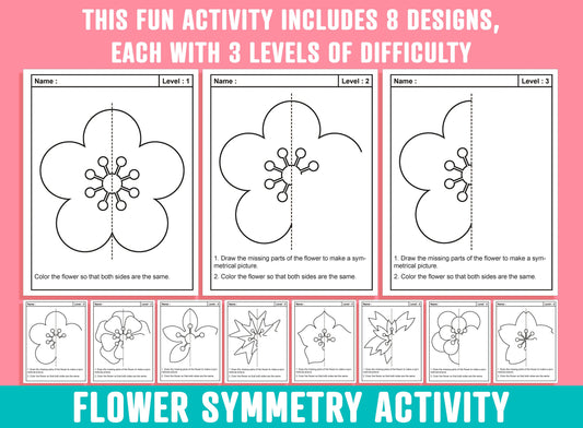 Flower Symmetry Worksheet, Sakura Flower Theme Lines of Symmetry Activity, 24 Pages, Includes 8 Designs, Each With 3 Levels of Difficulty