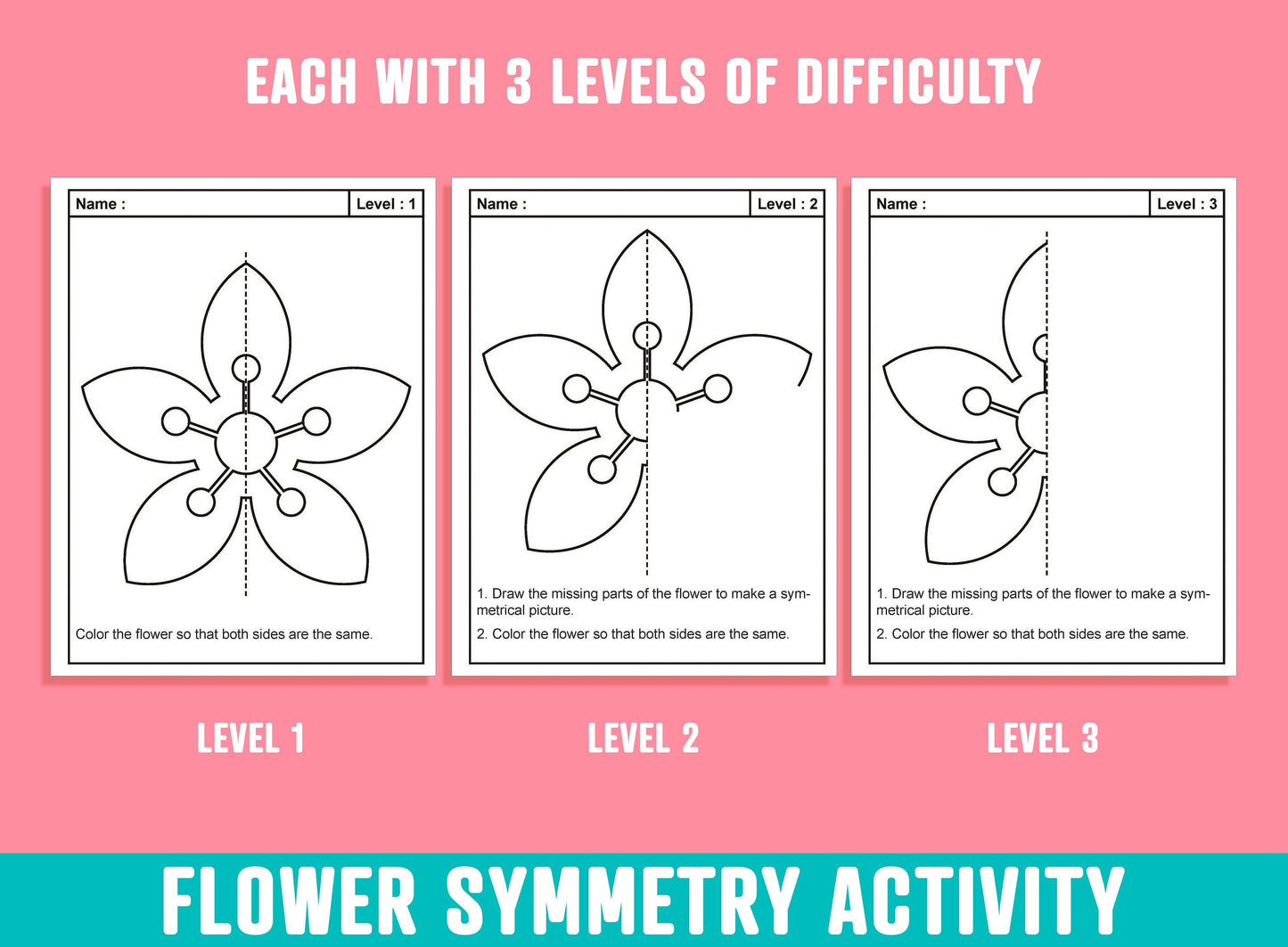 Flower Symmetry Worksheet, Sakura Flower Theme Lines of Symmetry Activity, 24 Pages, Includes 8 Designs, Each With 3 Levels of Difficulty