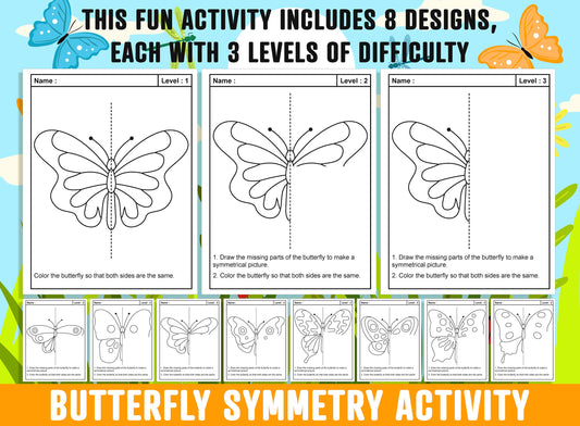 Butterfly Symmetry Art, Spring/Summer Butterfly Theme Lines of Symmetry Activity, 24 Pages, 8 Designs, Each With 3 Levels of Difficulty