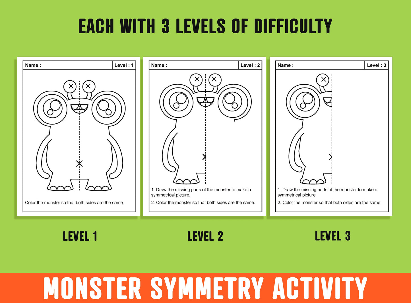 Monster Symmetry Worksheet, Monsters Lines of Symmetry Activity, 24 Pages, 8 Designs, Each With 3 Levels of Difficulty, Math/Art Center