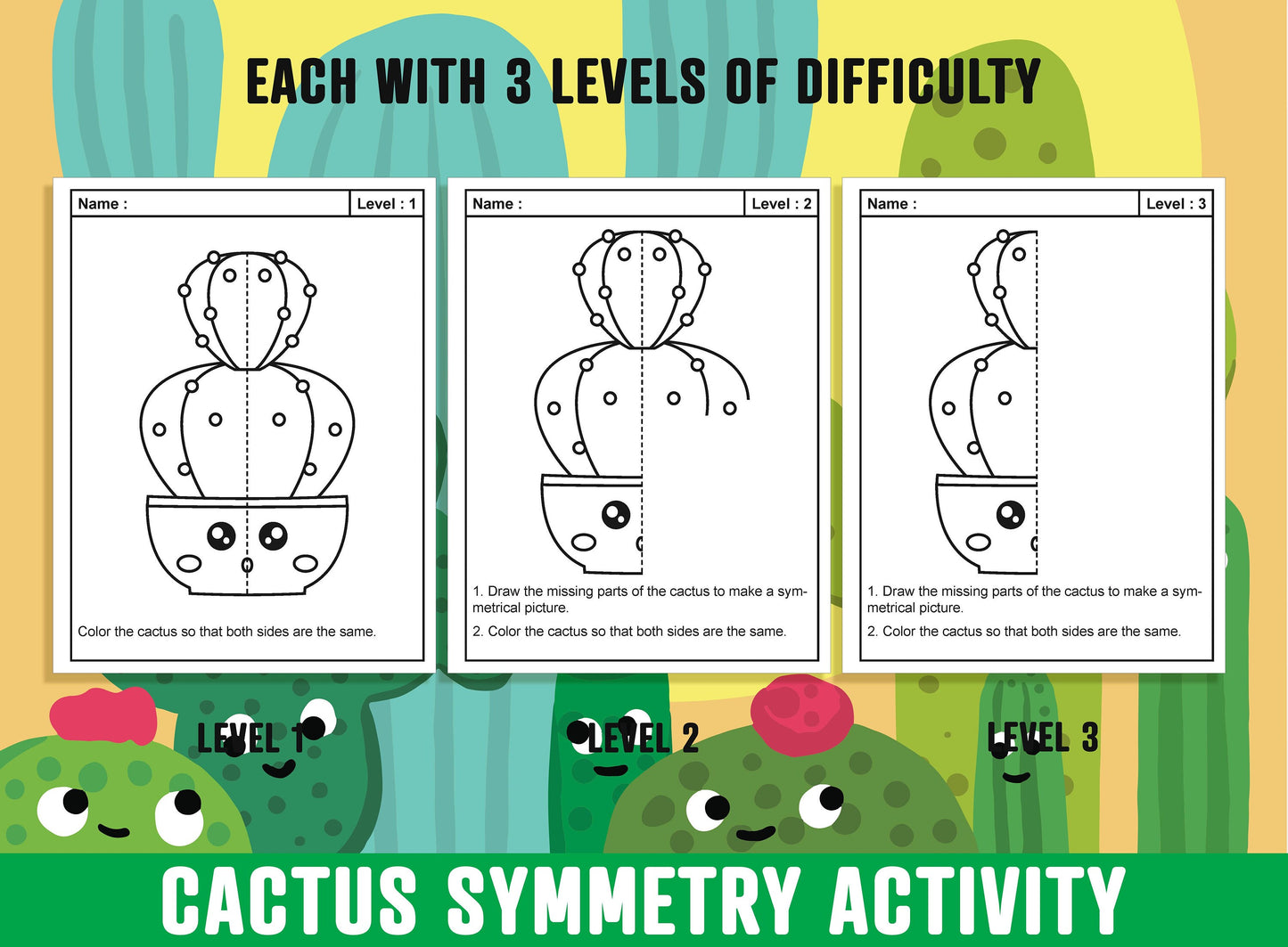 Cactus Symmetry Worksheet, Cactus Theme Lines of Symmetry Activity, 24 Pages, Includes 8 Designs, Each With 3 Levels of Difficulty