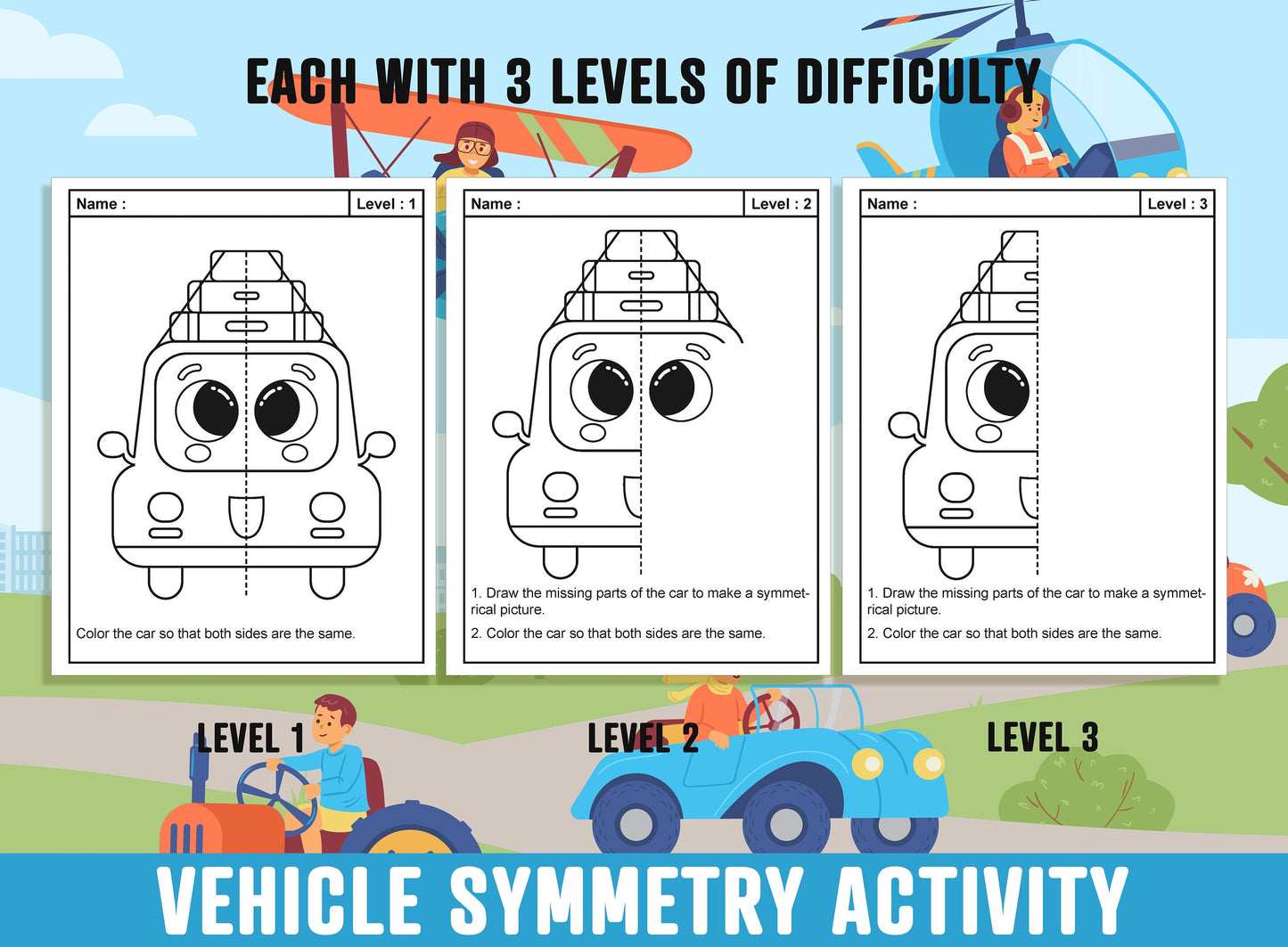 Vehicle Symmetry Worksheet, Transportation Theme Lines of Symmetry Activity, 24 Pages, Includes 8 Designs, Each With 3 Levels of Difficulty