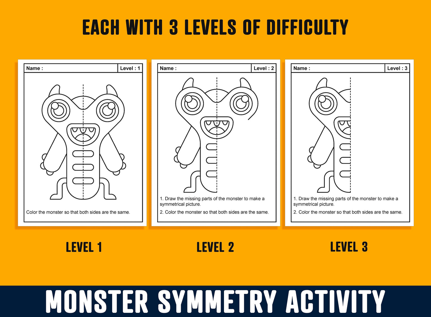 Monsters Symmetry Activity, Monsters Lines of Symmetry Activity, 24 Pages, 8 Designs, Each With 3 Levels of Difficulty, Math/Art Center