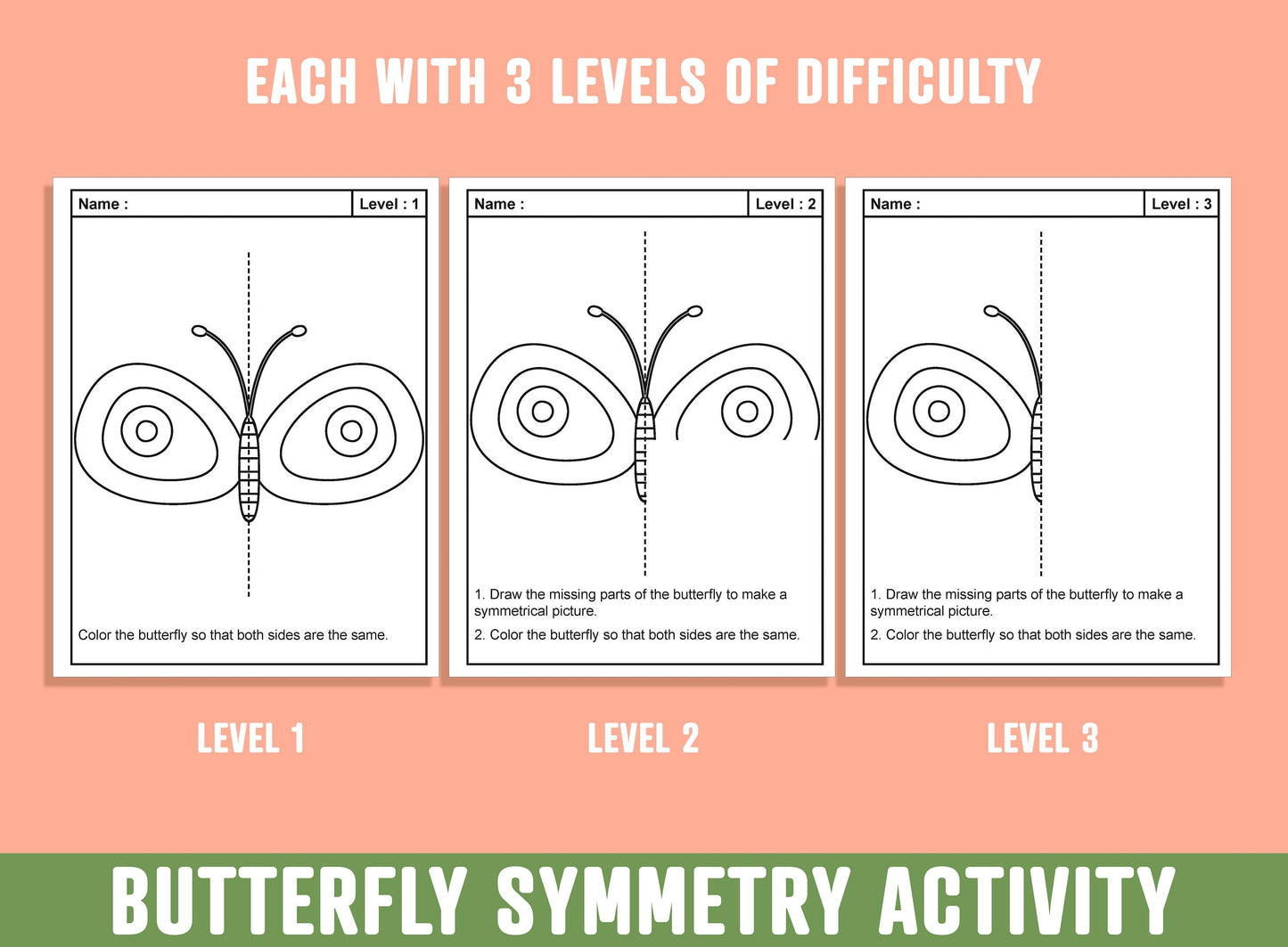 Butterfly Symmetry Activity, Butterflies Line of Symmetry Activity, 24 Pages, 8 Designs, Each With 3 Levels of Difficulty, Spring, Summer