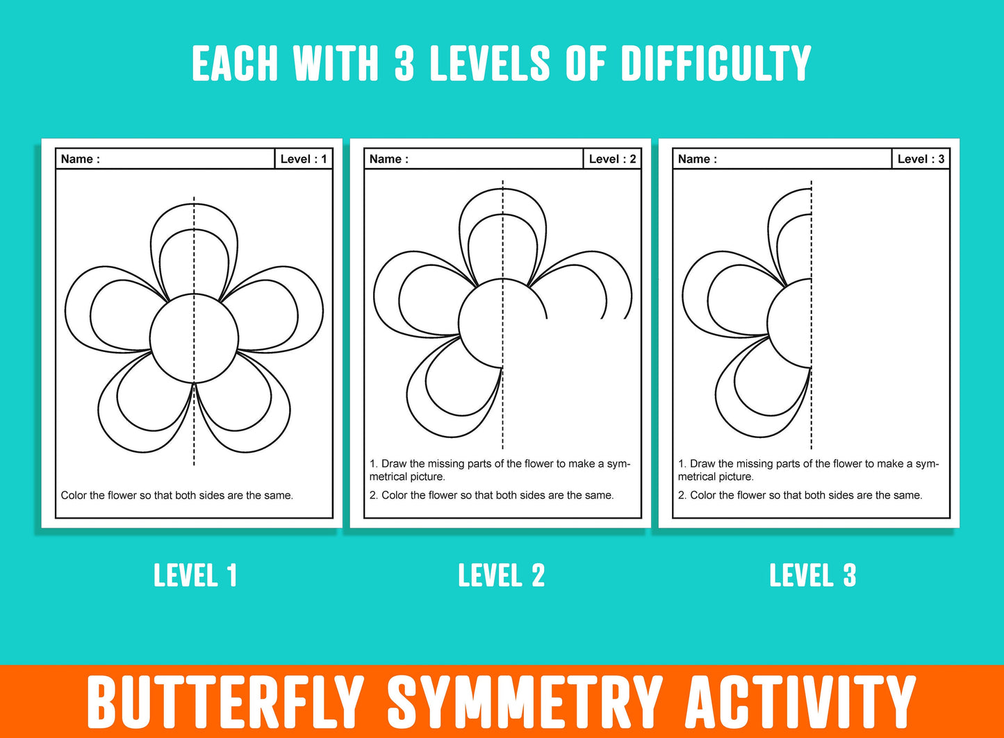 Flowers and Butterflies Line of Symmetry, Spring/Summer Butterfly Symmetry Activity, 24 Pages, 8 Designs, Each With 3 Levels of Difficulty