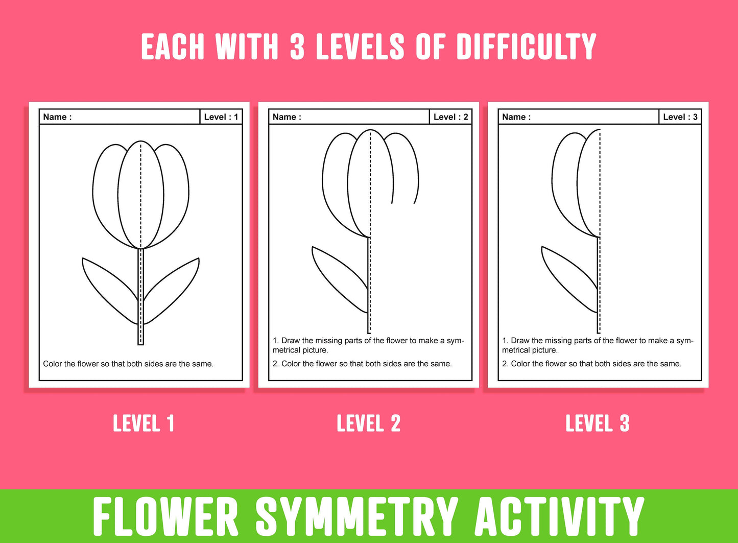 Flower Line of Symmetry, Spring/Summer Flower Symmetry Activity, 24 Pages, 8 Designs, Each With 3 Levels of Difficulty, Math Art Activities