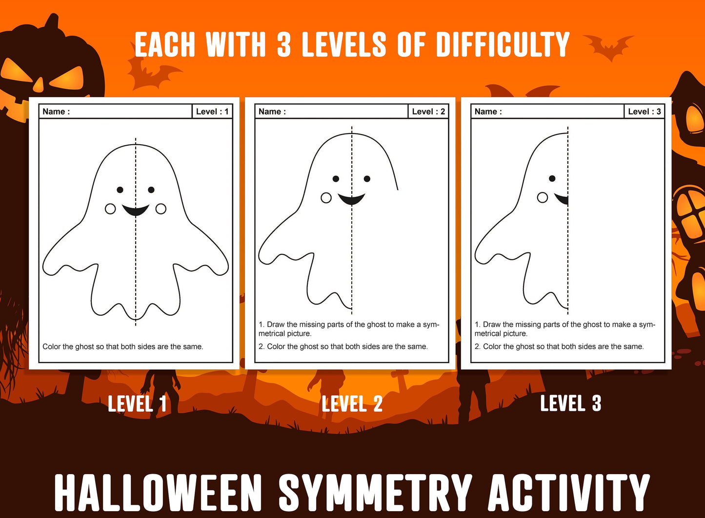 Halloween Symmetry Worksheet, Ghost, Halloween, Cauldron Lines of Symmetry Activity, 24 Pages, 8 Designs, Each With 3 Levels of Difficulty