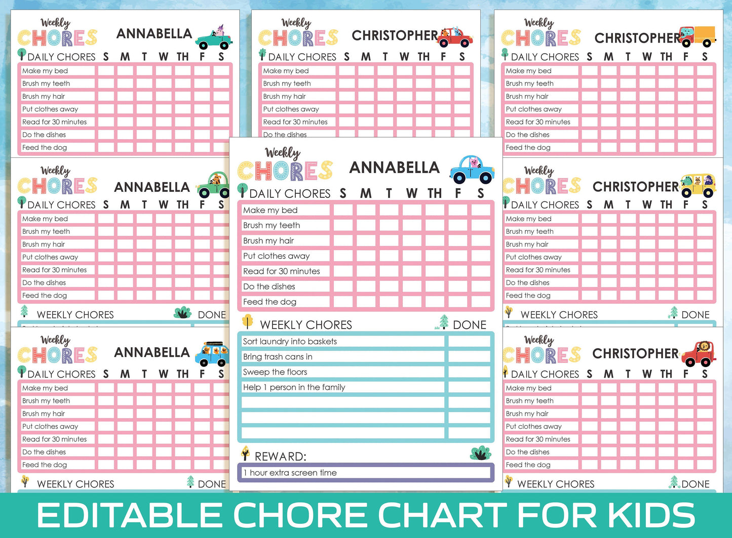 Chore Chart for Kids, Printable/Editable Chore Chart for Kids, Child Responsibility, Boys & Girls To Do List, Reward Chart, Schedule/Routine