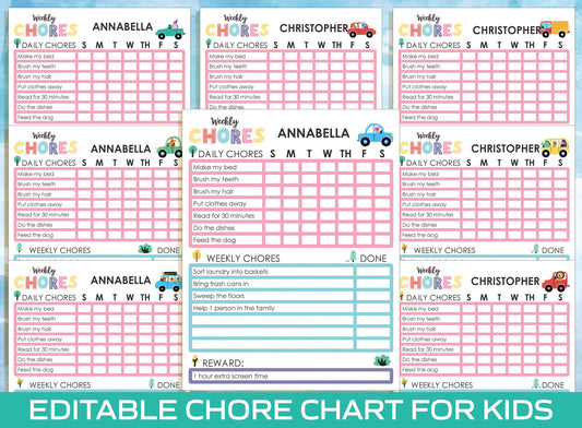 Chore Chart for Kids, Printable/Editable Chore Chart for Kids, Child Responsibility, Boys & Girls To Do List, Reward Chart, Schedule/Routine