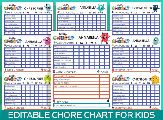 Monster Chore Chart for Kids, Printable/Editable Chore Chart for Kids, Child Responsibility, Boys & Girls To Do List, Reward Chart, Routine
