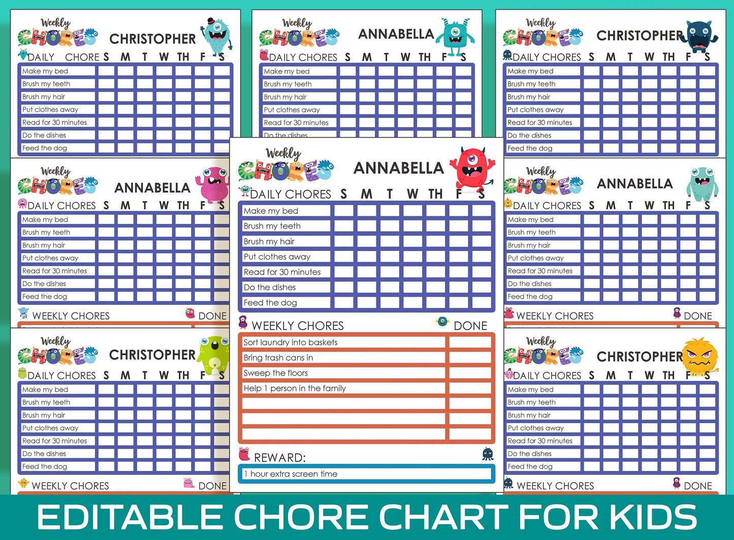 Monster Chore Chart for Kids, Printable/Editable Chore Chart for Kids, Child Responsibility, Boys & Girls To Do List, Reward Chart, Routine