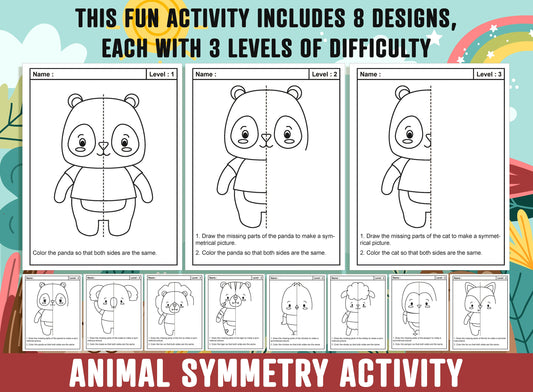 Animal Symmetry Worksheet, Animal Theme Lines of Symmetry Activity, 24 Pages, Includes 8 Designs, Each With 3 Levels of Difficulty, Art/Math