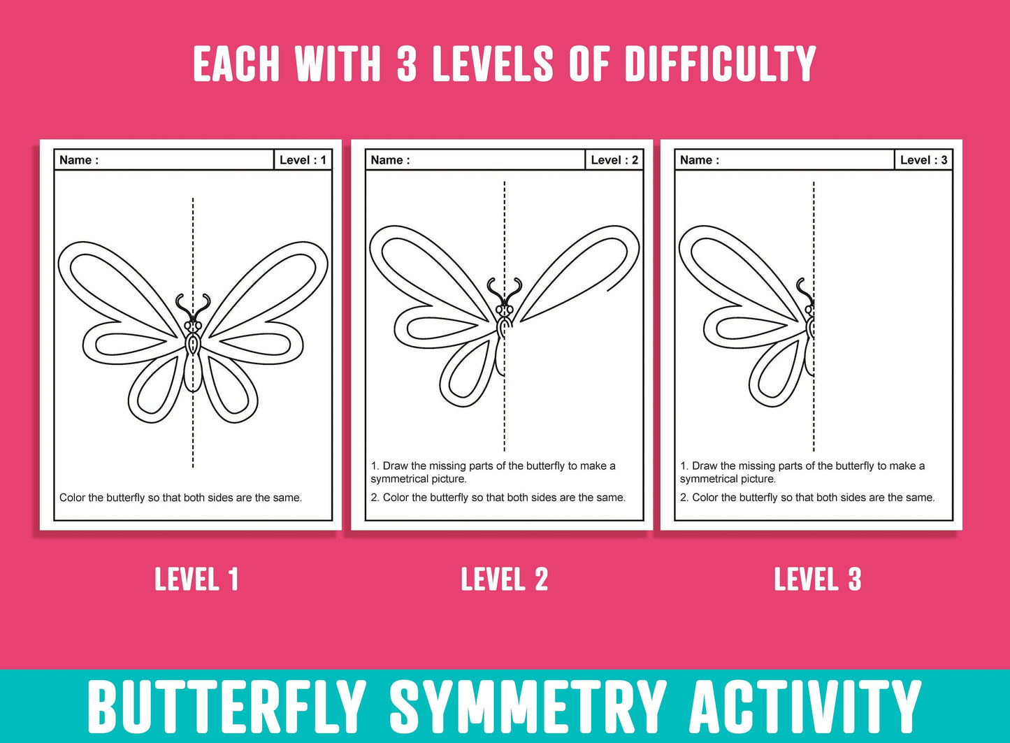Butterfly Symmetry Worksheet, Butterfly Theme Lines of Symmetry Activity, 24 Pages, Includes 8 Designs, Each With 3 Levels of Difficulty