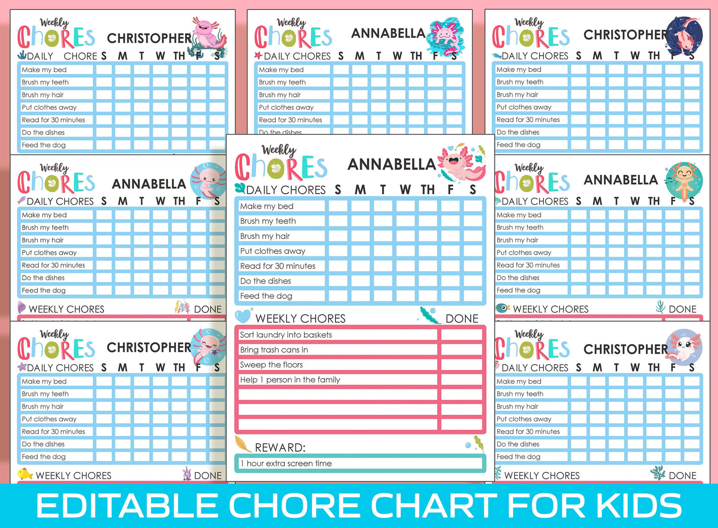 Chore Chart for Kids - Axolotl, Printable/Editable Chore Chart for Kids, Child Responsibility, Boys & Girls To Do List, Reward Chart/Routine