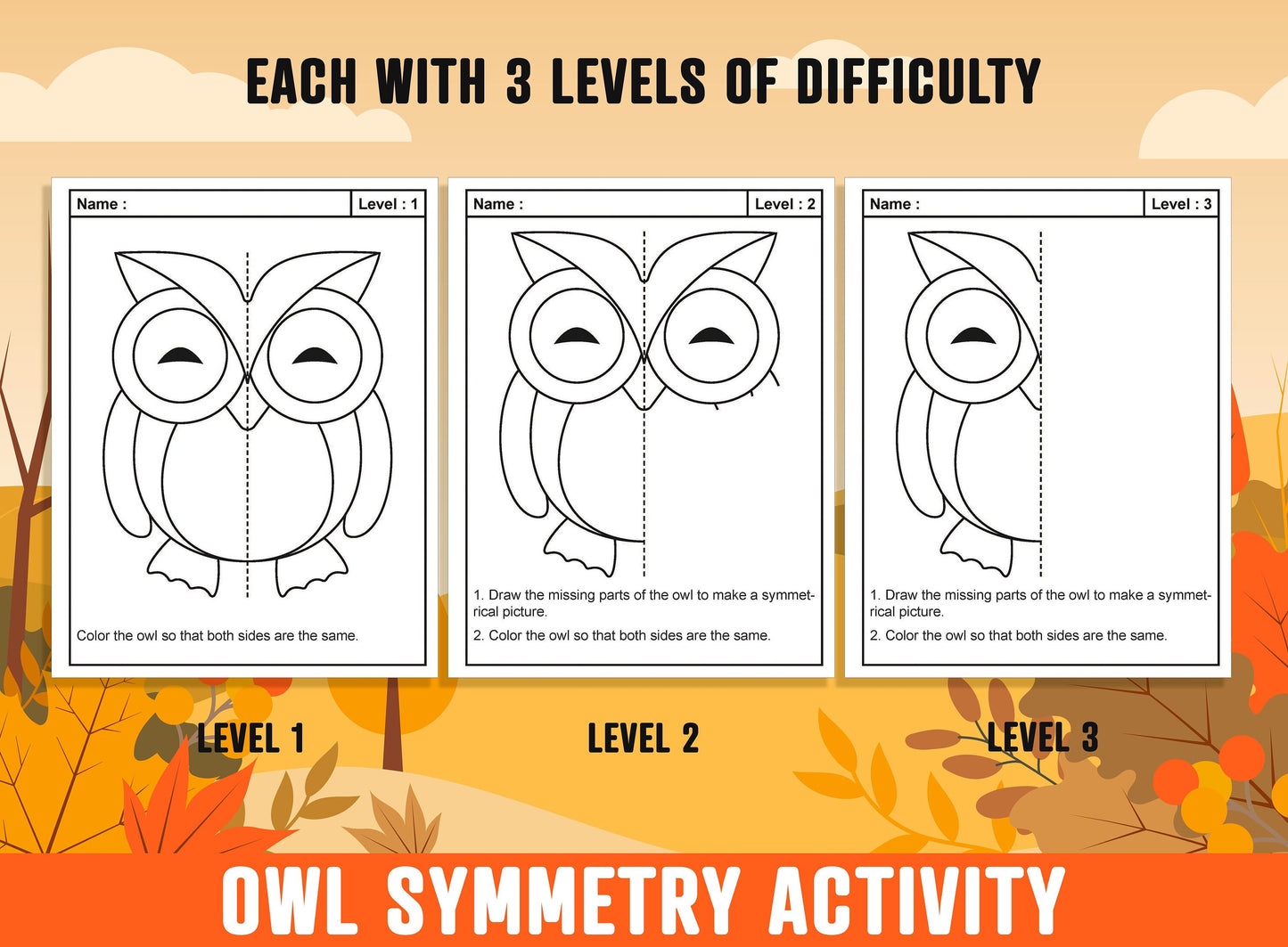 Owl Symmetry Worksheet, Owl Theme Lines of Symmetry Activity, 24 Pages, Includes 8 Designs, Each With 3 Levels of Difficulty, Fall, Autumn