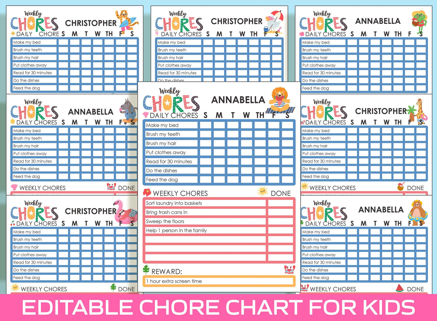 Chore Chart for Kids - Summer, Printable/Editable Chore Chart for Kids, Child Responsibility, Boys & Girls To Do List, Reward Chart/Routine