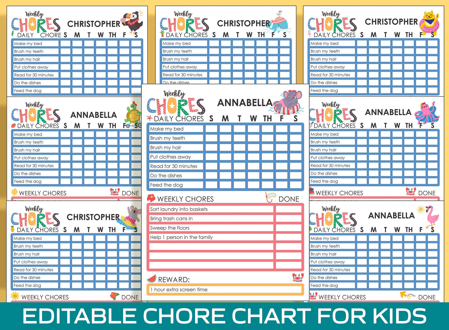 Chore Chart for Kids, Animal Summer Vacation, Printable/Editable Chore Chart for Kids, Responsibility, Boys & Girls To Do List, Reward Chart