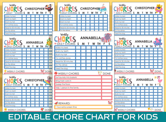 Chore Chart for Kids, Animal Summer Vacation, Printable/Editable Chore Chart for Kids, Responsibility, Boys & Girls To Do List, Reward Chart