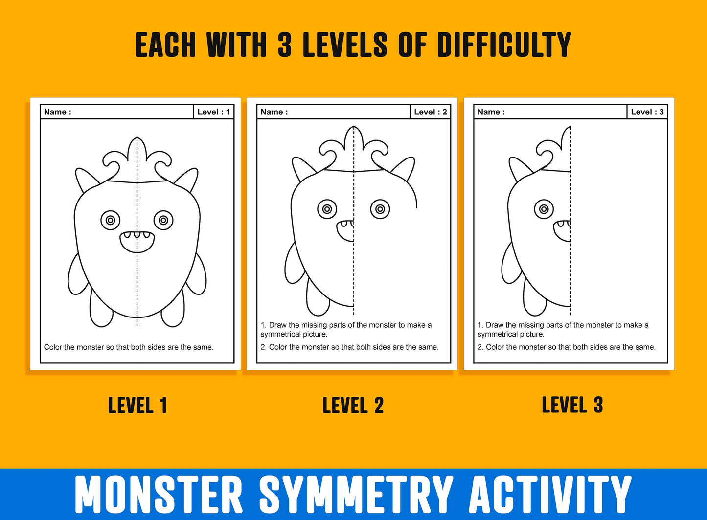 Monster Symmetry Worksheet, Monster Theme Lines of Symmetry Activity, 24 Pages, 8 Designs, Each With 3 Levels of Difficulty, Math/Art Center