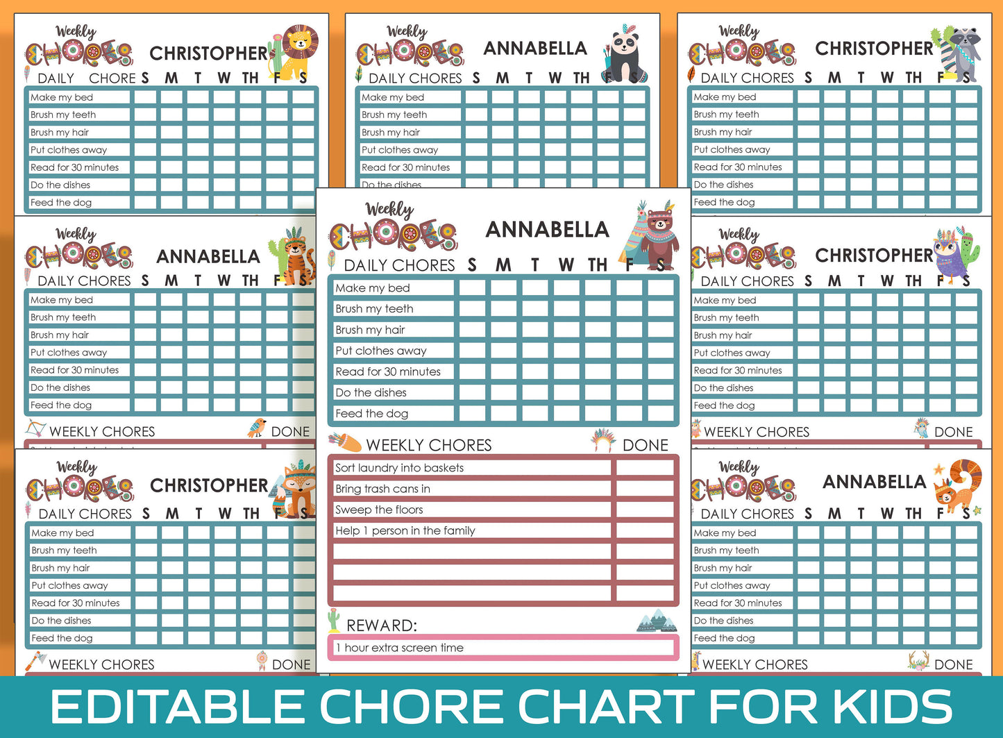 Chore Chart for Kids, Tribal Animal, Printable/Editable Chore Chart for Kids, Responsibility, Boys & Girls To Do List, Reward Chart, Routine