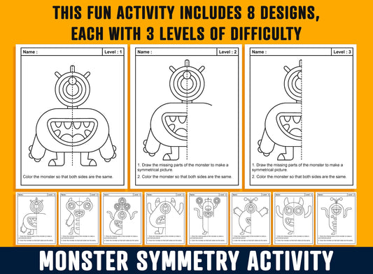 Monsters Symmetry Activity, Monsters Lines of Symmetry Activity, 24 Pages, 8 Designs, Each With 3 Levels of Difficulty, Math/Art Center