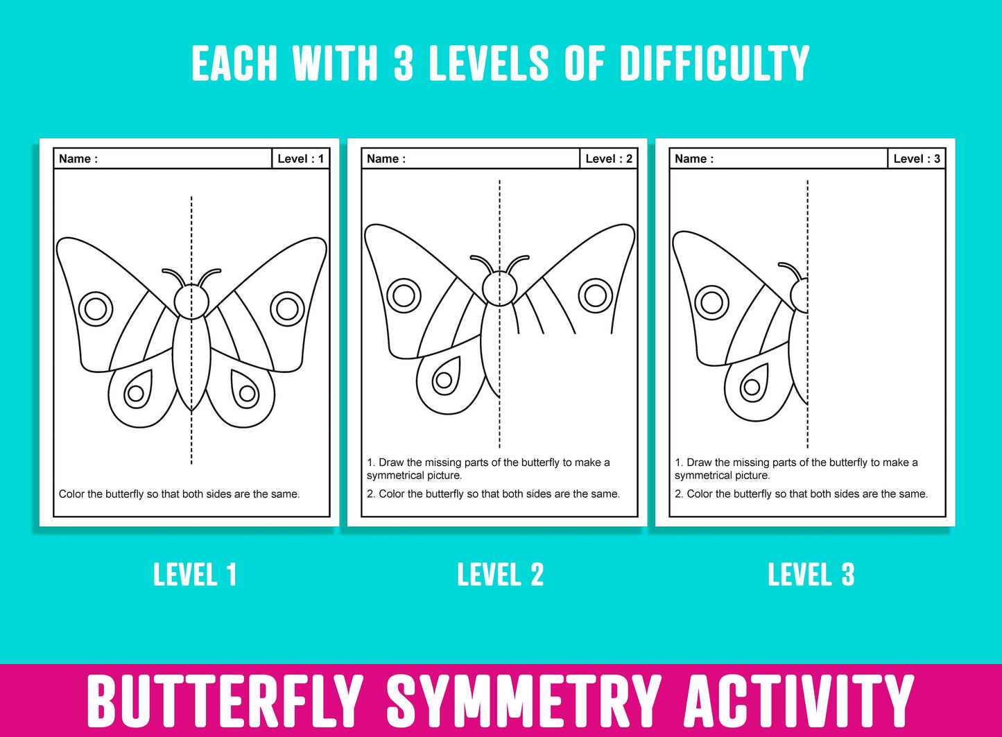 Butterfly Symmetry Activity, Butterflies Line of Symmetry Activity, 24 Pages, 8 Designs, Each With 3 Levels of Difficulty, Math/Art Center