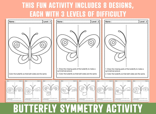 Butterfly Symmetry Activity, Butterflies Line of Symmetry Activity, 24 Pages, 8 Designs, Each With 3 Levels of Difficulty, Spring, Summer