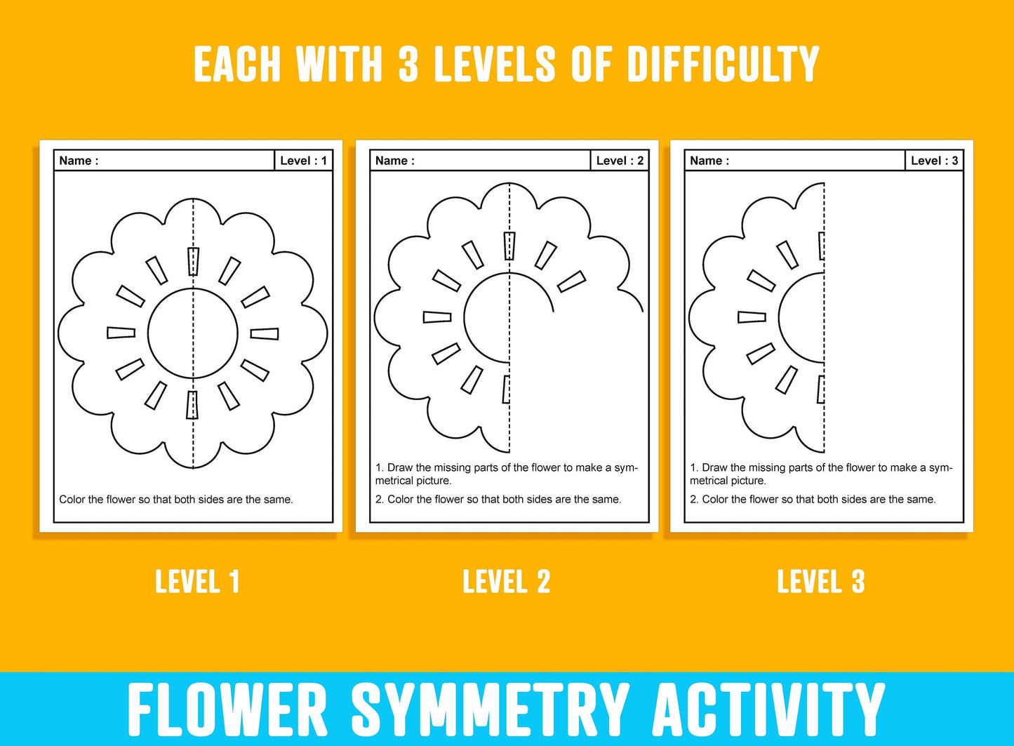 Flower Activities, Lines Of Symmetry, Spring/Summer Flower Symmetry Activity, 24 Pages/8 Designs, Each With 3 Levels of Difficulty, Math/Art