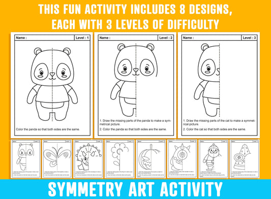 Symmetry Art Activity, Lines Of Symmetry, 24 Pages/8 Designs, Each With 3 Levels of Difficulty, Math Art Activity, Symmetry Drawing Activity