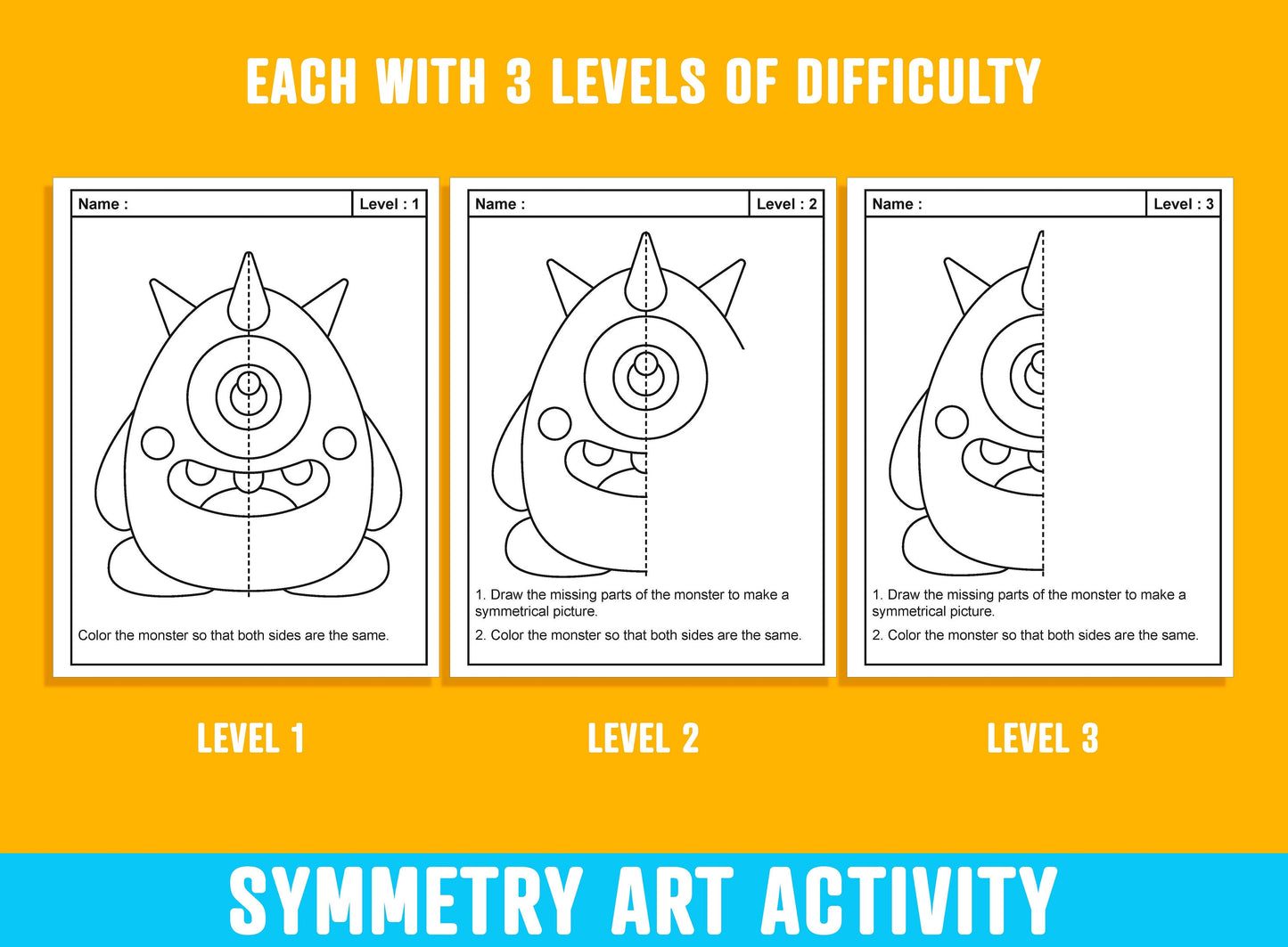 Symmetry Art Activity, Lines Of Symmetry, 24 Pages/8 Designs, Each With 3 Levels of Difficulty, Math Art Activity, Symmetry Drawing Activity