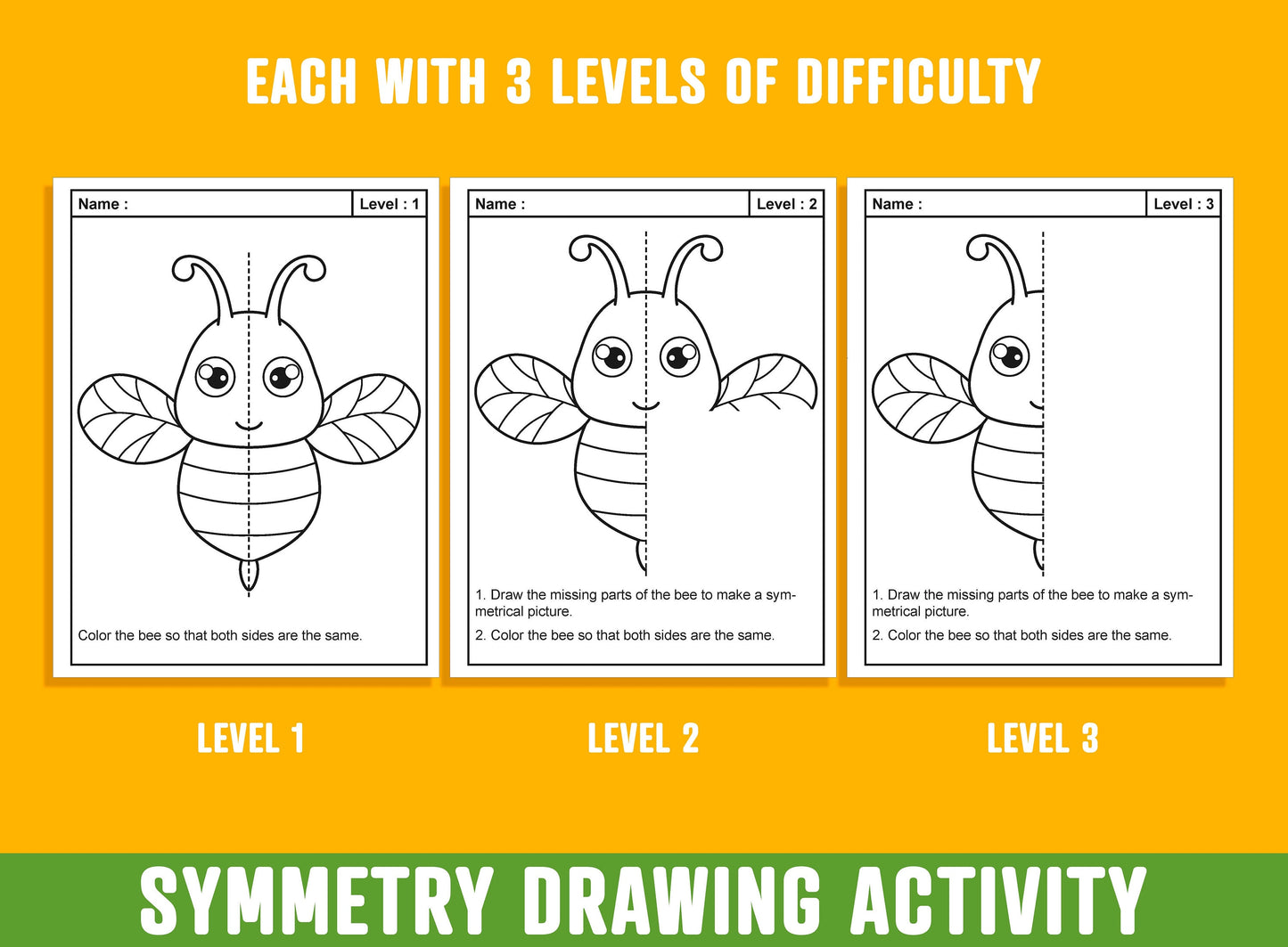 Symmetry Drawing, Lines of Symmetry Activity, 24 Pages/8 Designs, Each With 3 Levels of Difficulty, Math Art, Symmetry Drawing & Coloring