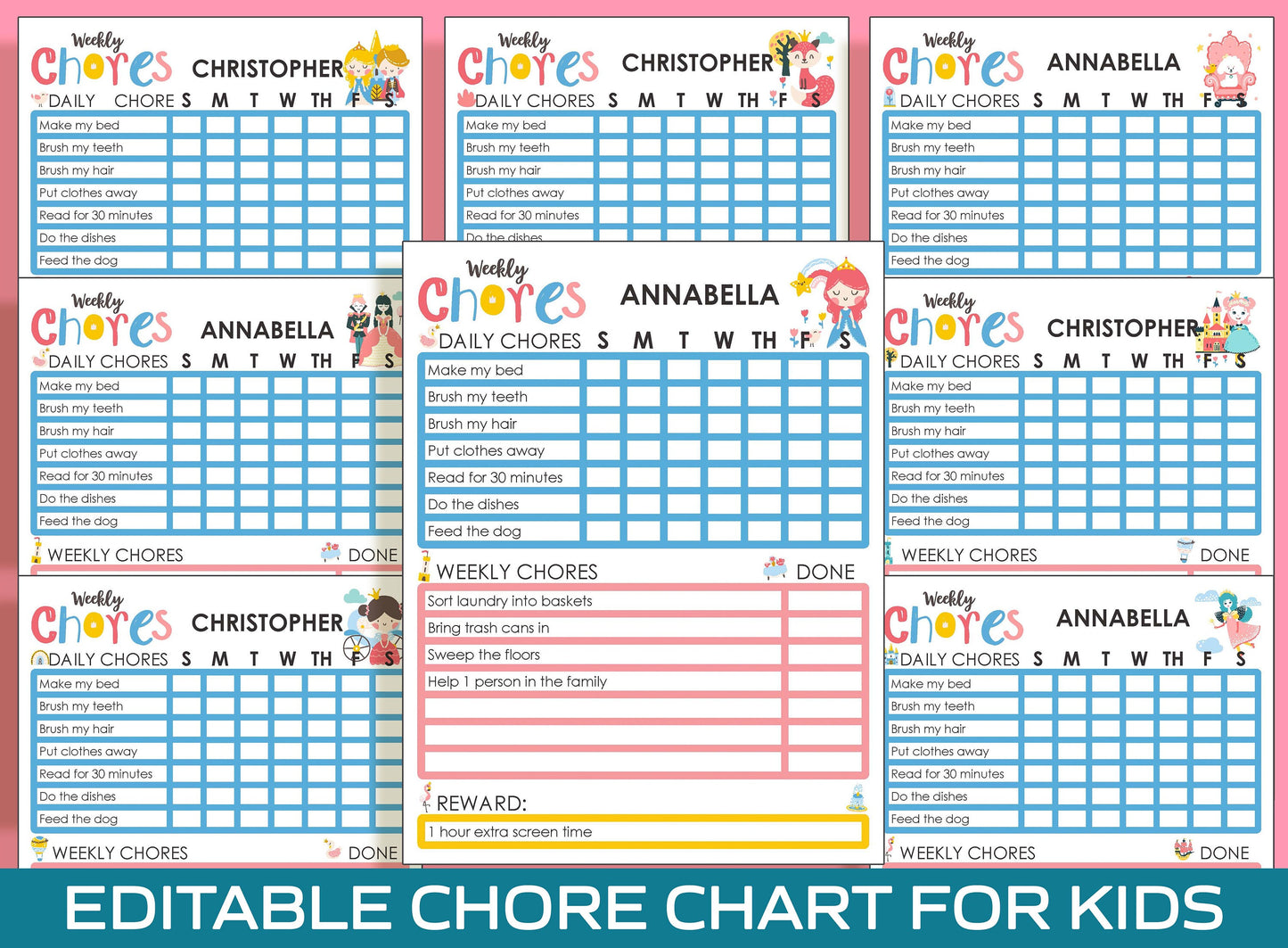 Chore Chart for Kids - Princess, Printable/Editable Chore Chart for Kids, Child Responsibility, Boys/Girls To Do List, Reward Chart/Routine