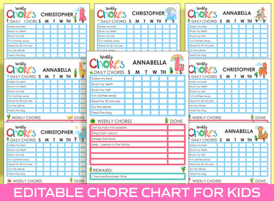Chore Chart for Kids - Llama, Printable/Editable Chore Chart for Kids, Child Responsibility, Boys & Girls To Do List, Reward Chart/Routine