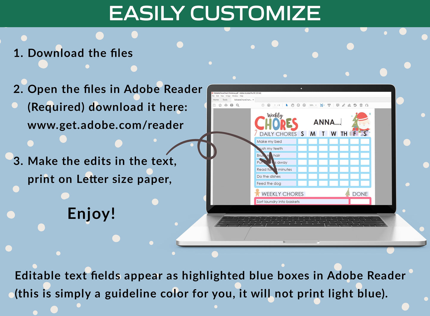 Chore Chart for Kids - Christmas, Printable/Editable Chore Chart for Kids, Responsibility, Boys & Girls To Do List, Reward Chart, Routine