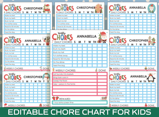 Chore Chart for Kids - Christmas, Printable/Editable Chore Chart for Kids, Responsibility, Boys & Girls To Do List, Reward Chart, Routine